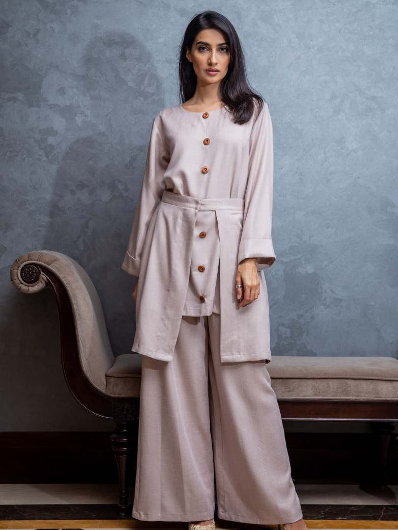 #Long Sleeve Open Skirt & Trouser Set