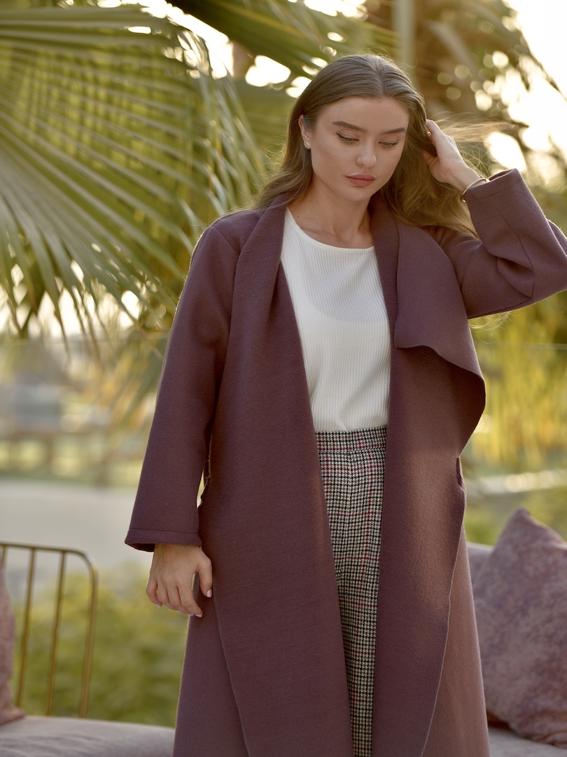 Plain Wool Belted Wrap Coat Set