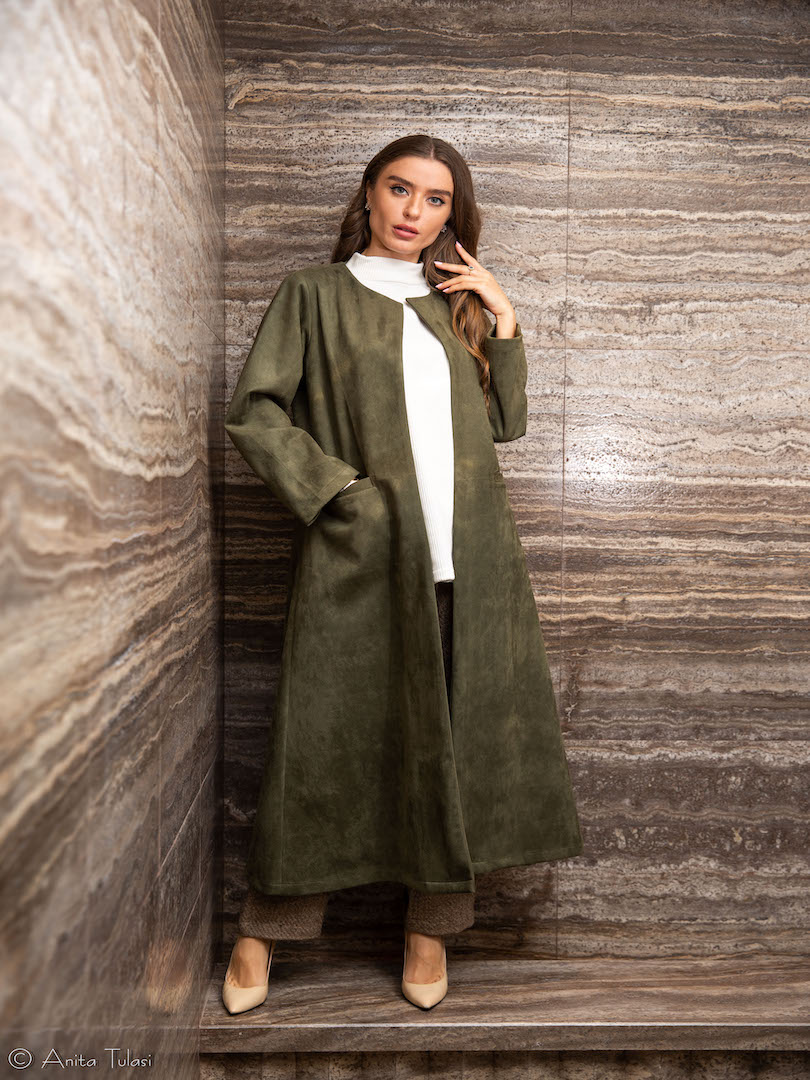 #Double Pocket Suede Coat Set