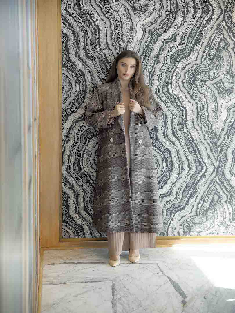 Wool Belted Long Plaid Coat Set