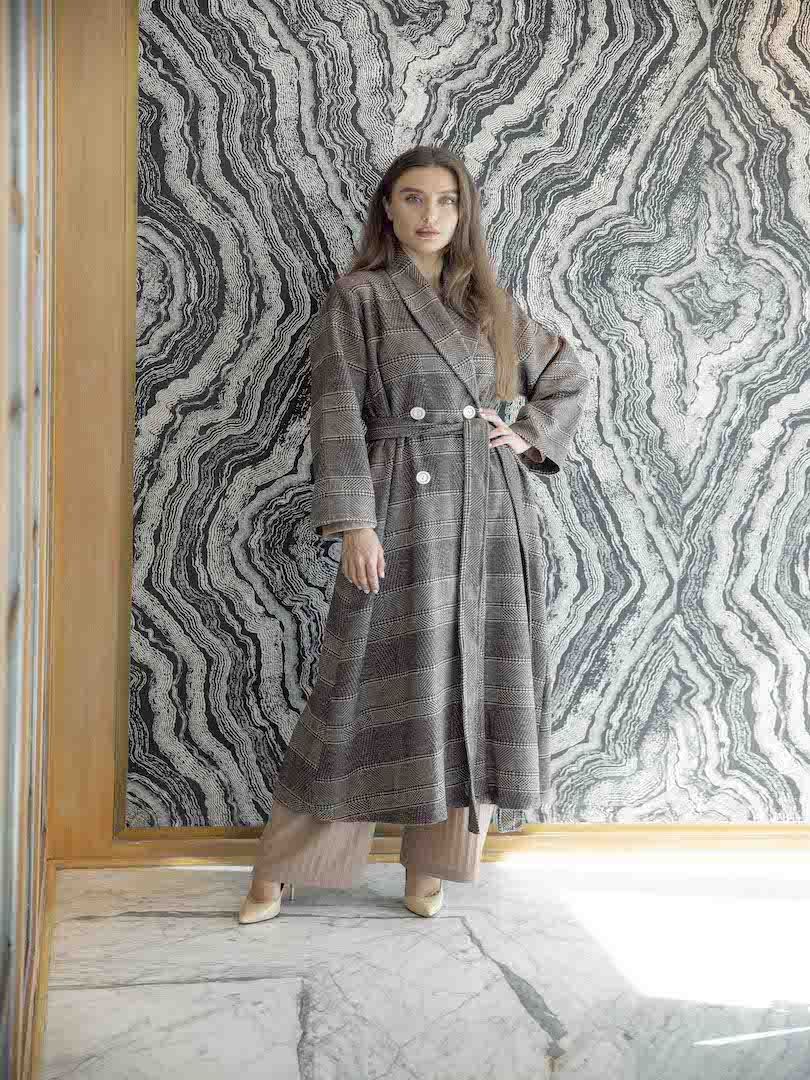 Wool Belted Long Plaid Coat Set