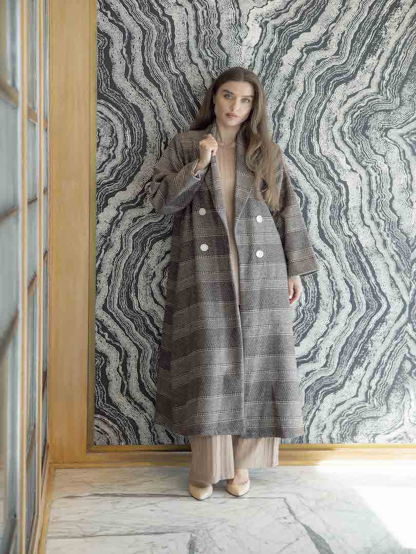 #Wool Belted Long Plaid Coat Set