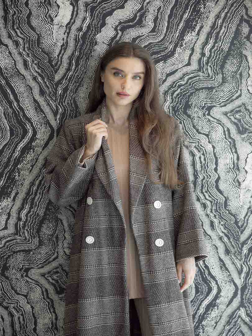 Wool Belted Long Plaid Coat Set