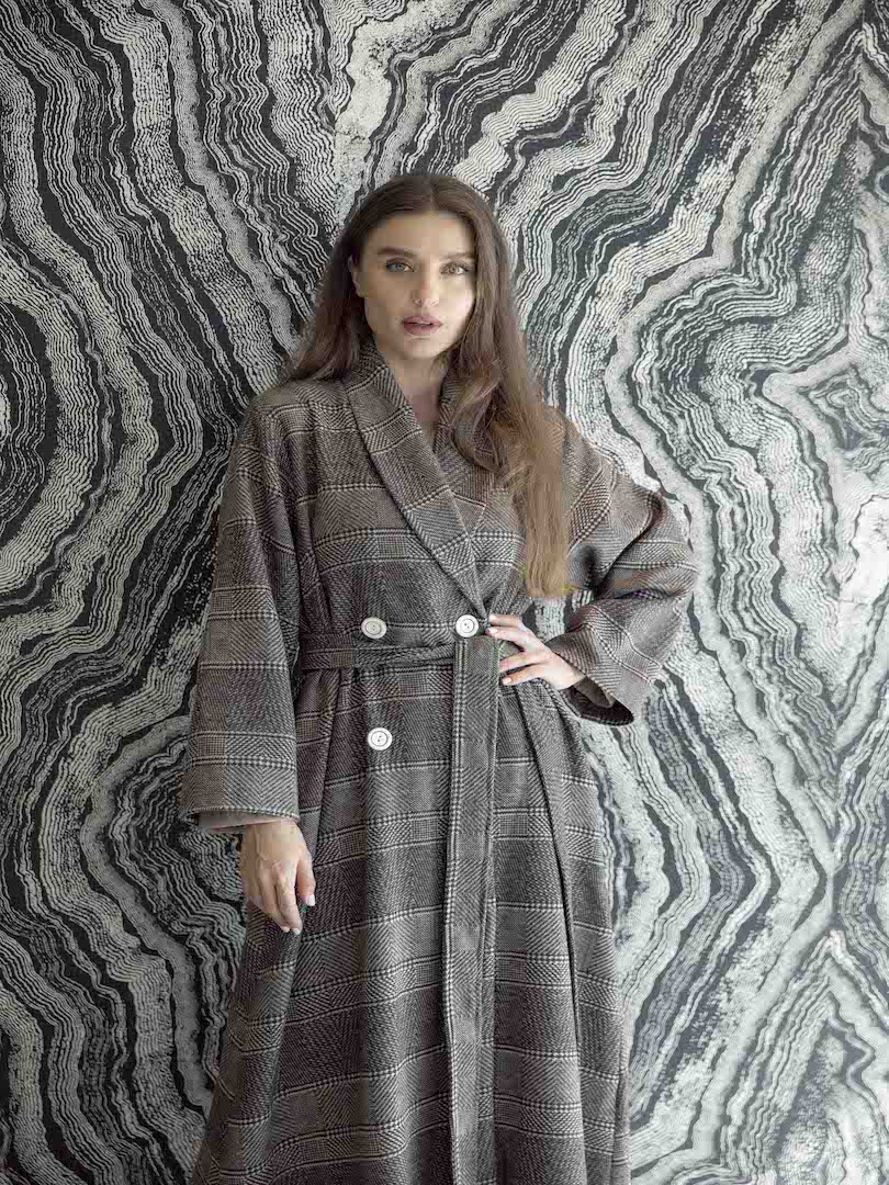 Wool Belted Long Plaid Coat Set