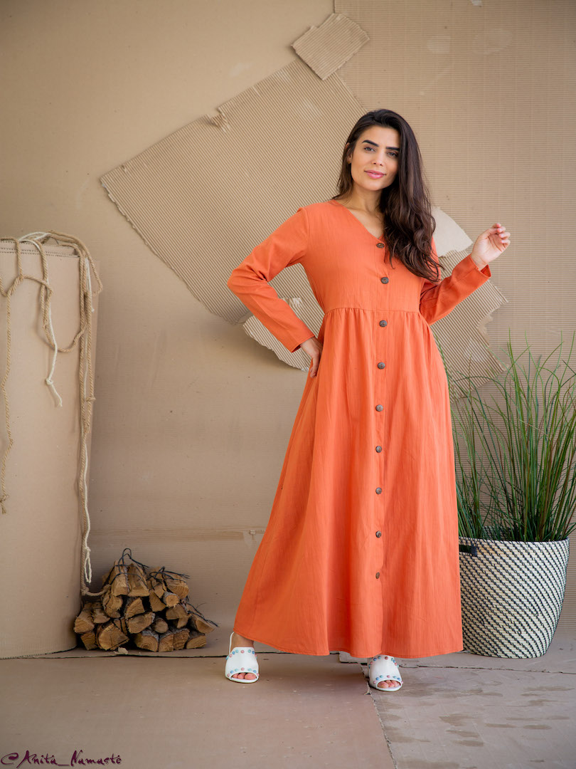 Gathered Waist Long Sleeve Maxi Dress