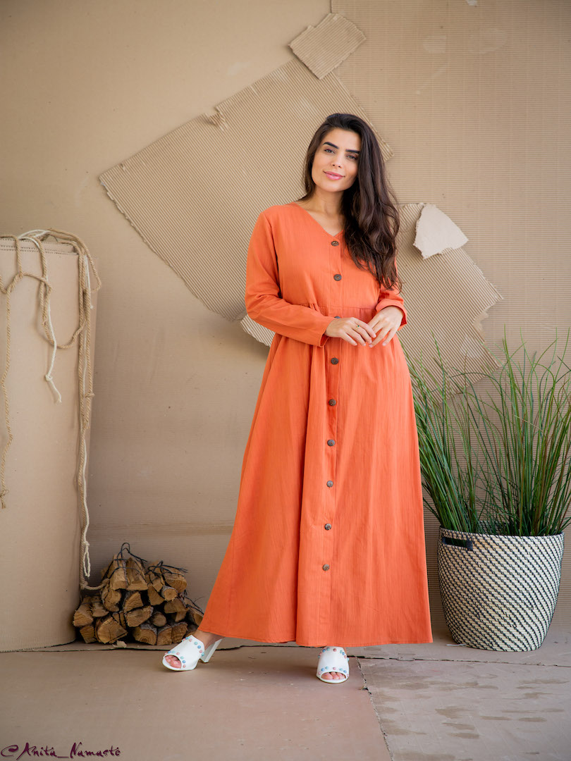 #Gathered Waist Long Sleeve Maxi Dress