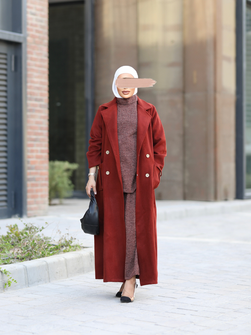 Plain Wool Double Pocket Winter Coat Set