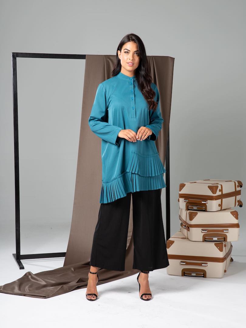 High Neck Pleated Hem Top & Trouser Set