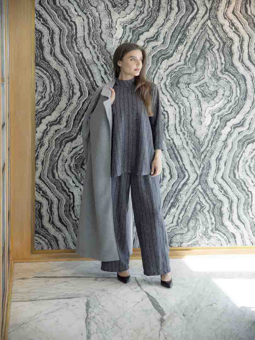 Plain Wool Belted Coat Set